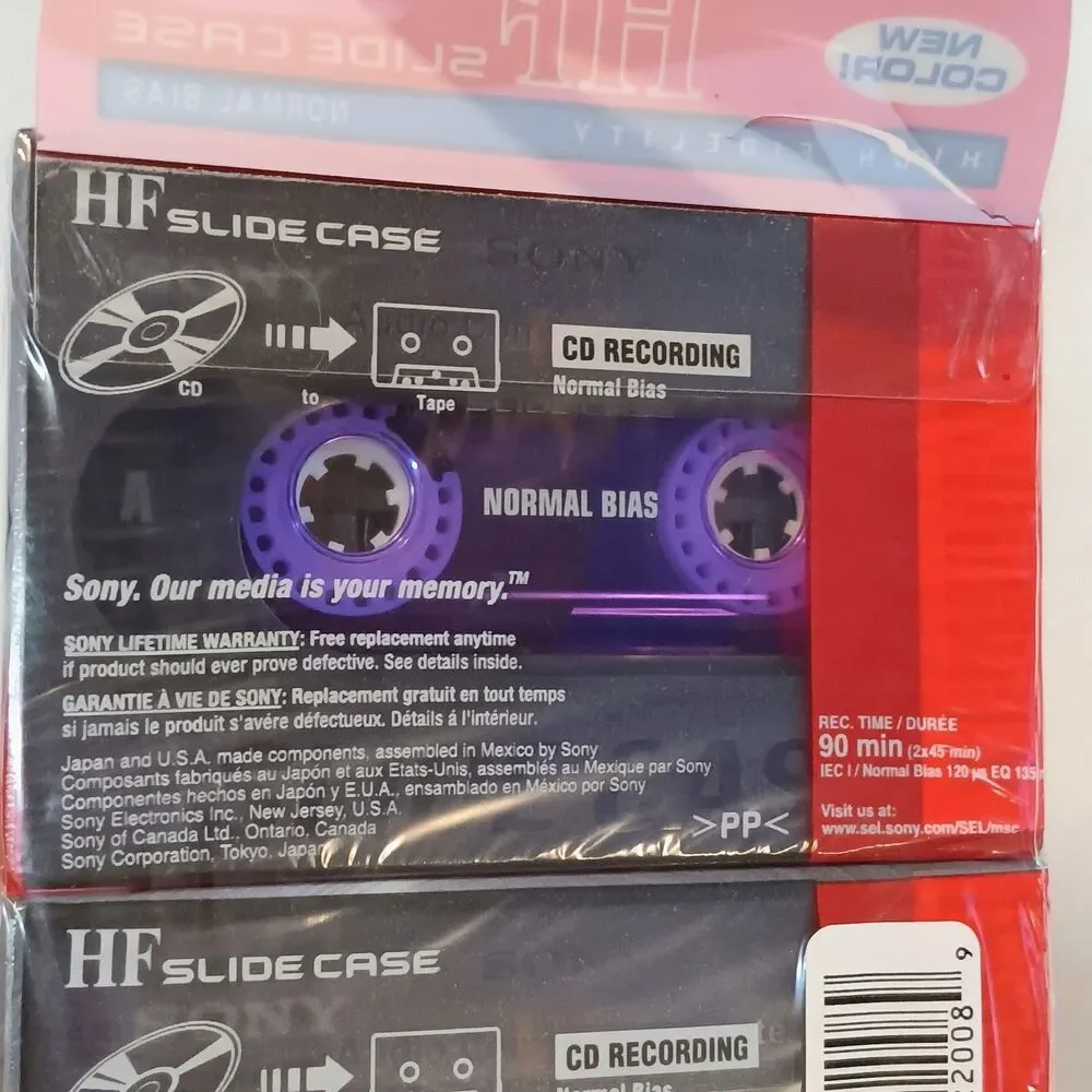 Vtg Sony High Fidelity Slide Case Blank Cassettes-2 Pk-Purple-90 Min-Normal Bias